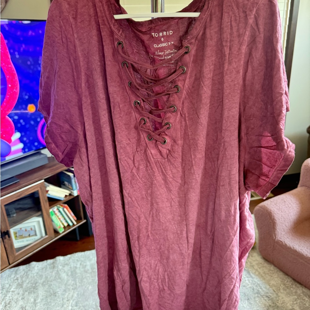torrid Lace-Up V-Neck Tunic in Dusty Rose
